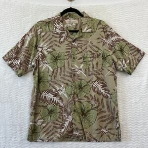 Island Republic Shirt Mens Large Green Tan Floral 100% Silk Hawaiian Vacation